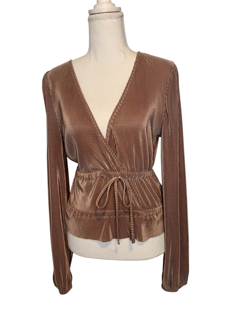 Zara Metallic Pleaded V-Neck Peplum Blouse